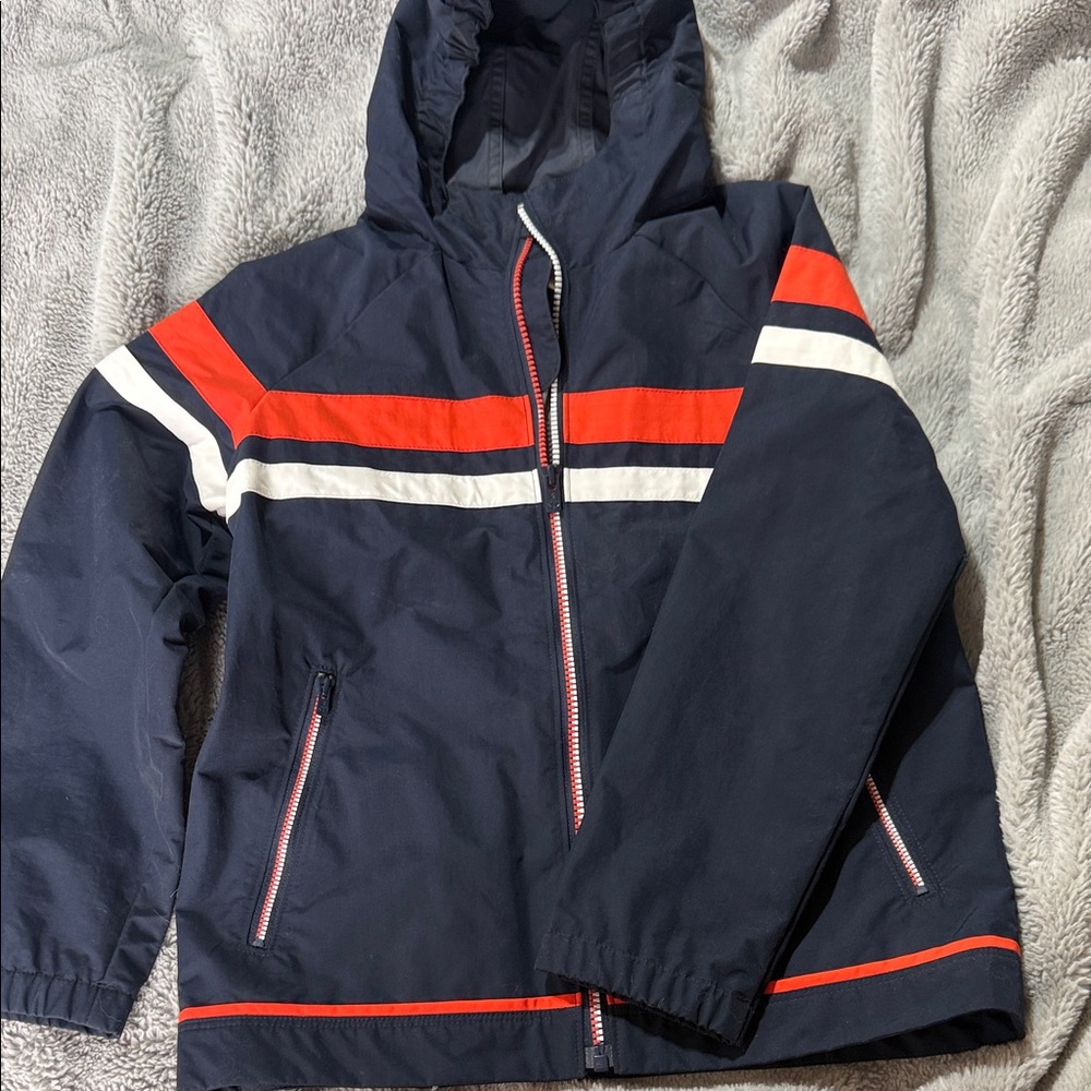 Lands' End Navy Kids Hooded Squall Jacket with Orange and White Trim